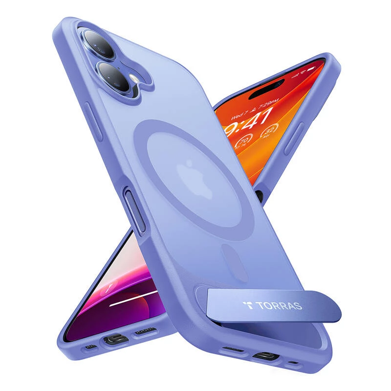 Schutzhülle Torras Pstand Series für iPhone 16 — Blau, schlank-Fit mit integriertem Ständer