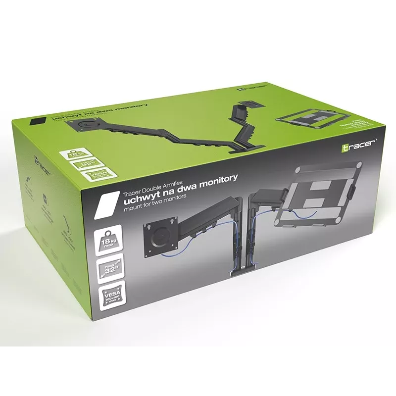 Schreibtisch-Doppelarm-Monitorhalterung TRACER TRAUCH47660 — verstellbare Metallarme, max. 18 kg, VESA bis 100×100, für 13 Zoll–32 Zoll Bildschirme