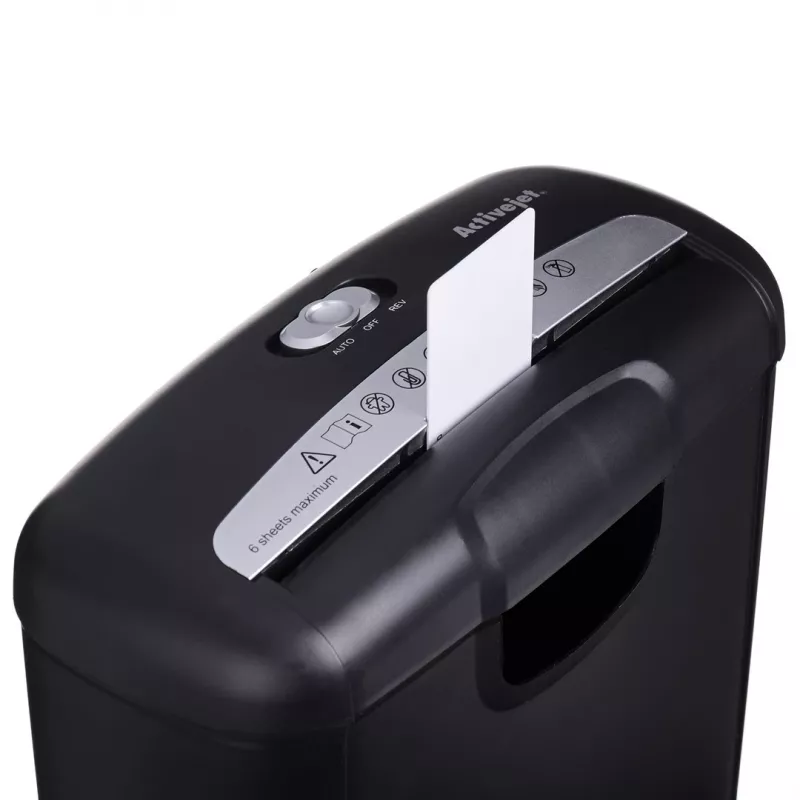 Activejet ASH-0601S Aktenvernichter, P-2, 10 l, 6 mm Streifen, 6 Blatt, Schwarz.