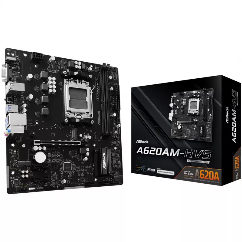 Motherboard ASRock A620AM-HVS Micro ATX — AMD A620A-Chipsatz, Sockel AM5, DDR5, 2 DIMM, bis zu 128 GB, HDMI 2.1, M.2 2280