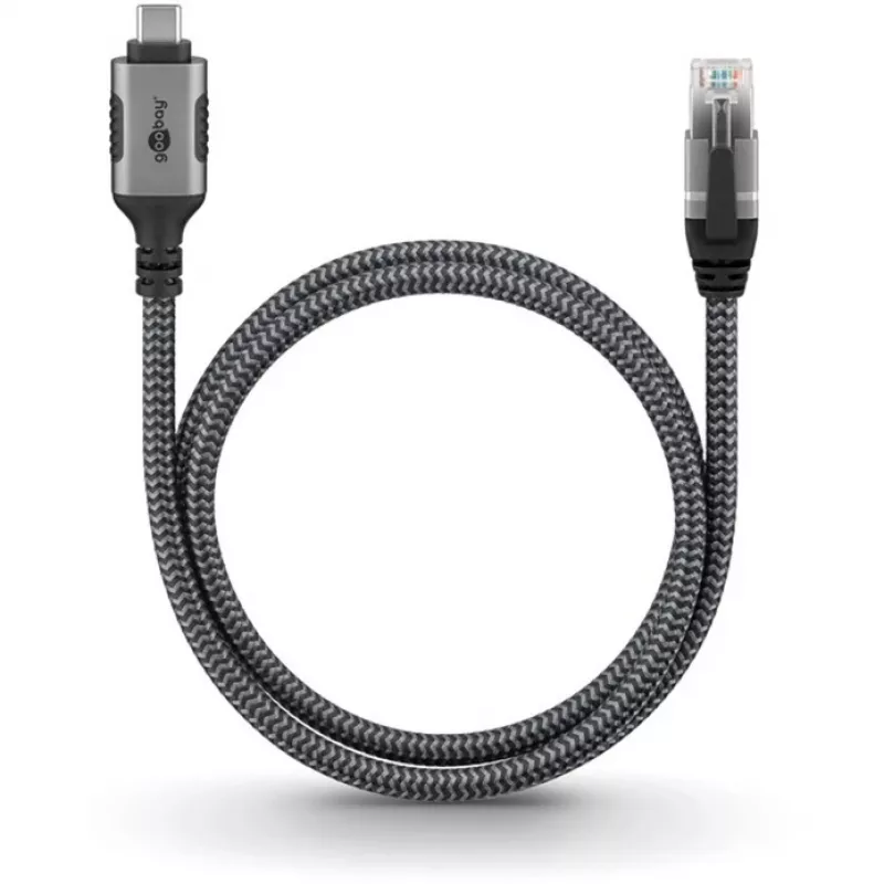 Ethernet-Kabel USB-C 3.2 Gen2 Stecker > RJ-45 Stecker, LAN-Adapter schwarz/Silber, 2 Meter, geflochtener Textilmantel