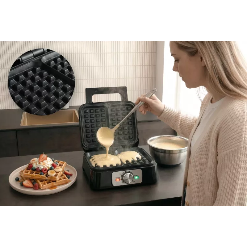 Waffeleisen PROMIS WAP1600 – 2-rechteckige Portionen Platten, 1200 W, antihaftbeschichtet, Thermostat, kühlbleibender Griff, LED-Anzeigen