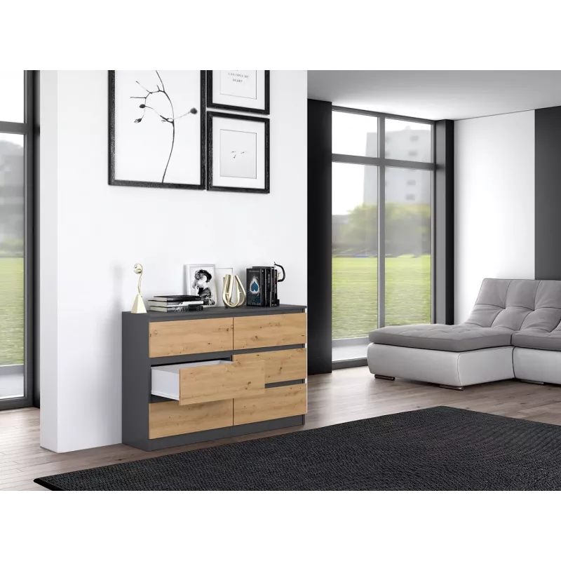 Kommode top e shop M6 120 — Anthrazit/Eiche, 6 Schubladen, 1200×300×770 mm, Spanplatte