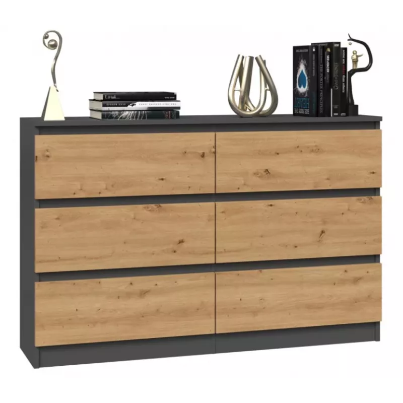 Kommode top e shop M6 120 — Anthrazit/Eiche, 6 Schubladen, 1200×300×770 mm, Spanplatte