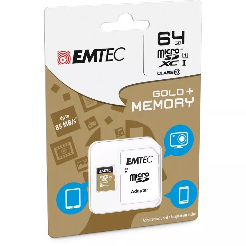 EMTEC Gold+ - Flash-Speicherkarte (SD-Adapter inbegriffen) - 64 GB - Class 10 - microSD - Gold (ECMSDM64GXC10GP)