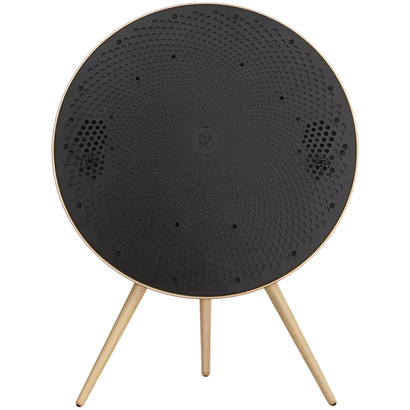 Beosound A9 5. Generation Lautsprecher Goldton (Rückseite Sand/Abdeckung Gold/Beine Weißeiche)