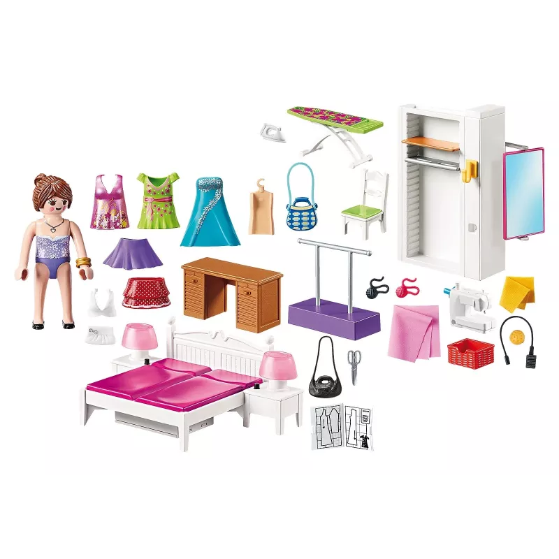 Playmobil Puppenhaus Spielset mit Figuren – Schlafzimmer mit Nähecke 70208