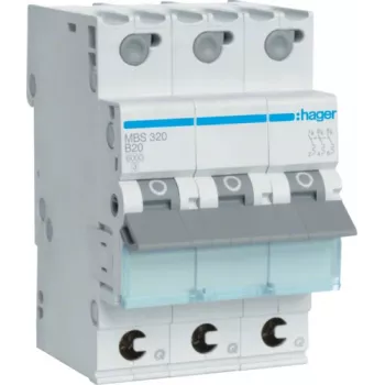 Hager MBS320. Bemessungsstrom: 20 A. Typ: B-Charakteristik, Modulanzahl (max): 3 Module. Breite: 52,5 mm, Tiefe: 70 mm, Höhe: 83,4 mm (MBS320)