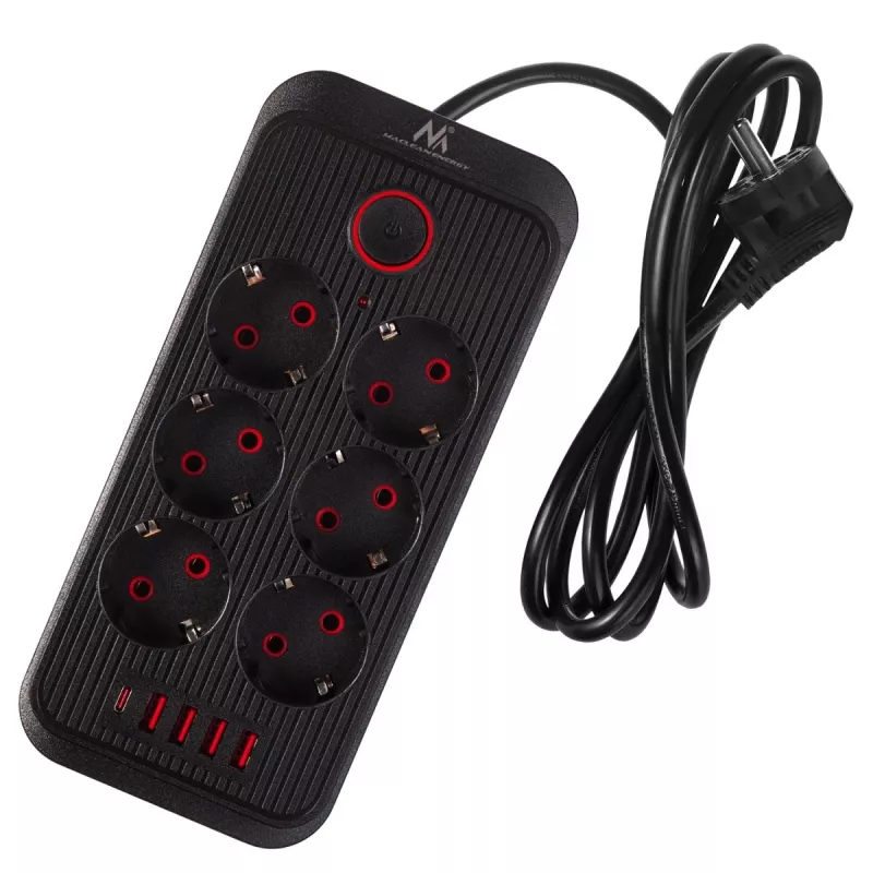 Steckdosenleiste MACLEAN MCE389 B — 6 Steckdosen, 4×USB-A + 1×USB-C, 110–240V, 2,1A, 2500W, 1,5 m Kabel, schwarz