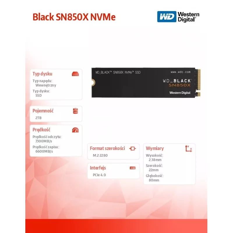 WD Schwarz SN850X 2TB SSD M.2 2280 NVME PCI-E Gen4 Solid State Drive (WDS200T2X0E)