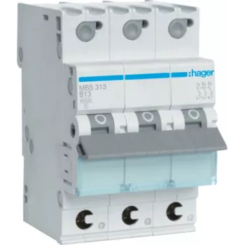 Hager MBS313. Nennstrom: 13 A, Netzfrequenz: 50/60 Hz, Nennausgangsstrom: 13 A. Typ: B-Charakteristik, Modulanzahl (max.): 3 Module. Breite: 52,5 mm, Tiefe: 70 mm, Höhe