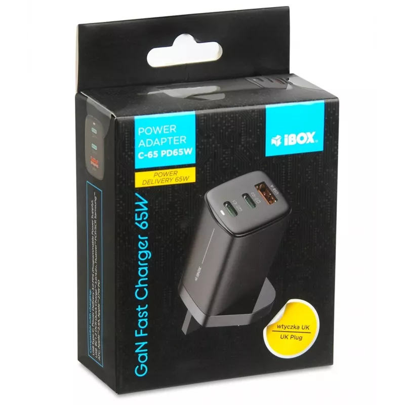 iBOX C-65 Schwarz, universelles GaN-65-W-Ladegerät mit UK-Stecker