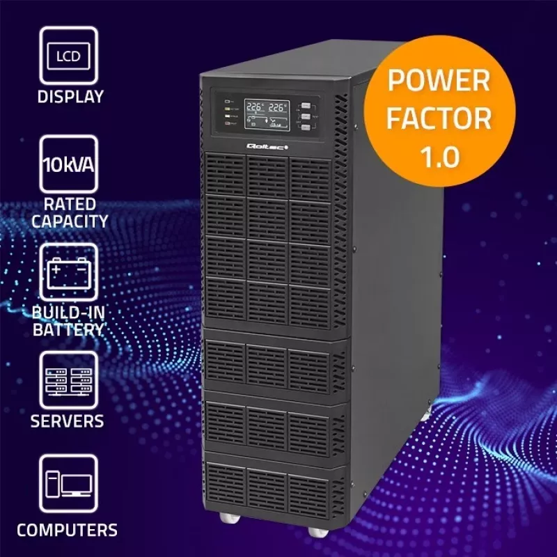 Qoltec 52284 USV unterbrechungsfreie Stromversorgung | 10kVA | 10000W | Leistungsfaktor 1,0 | LCD | EPO | USB | Online