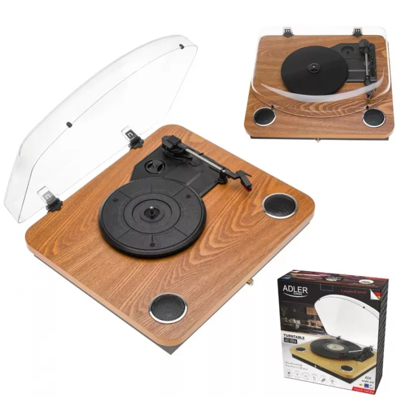 Analoger riemengetriebener Plattenspieler Adler AD 1914 mit USB-Anschluss, Keramikteller, Gleichstrommotor, 33 1/3 U/min, Bluetooth 5.4, Cinch-Ausgängen, eingebauten Lautsprechern