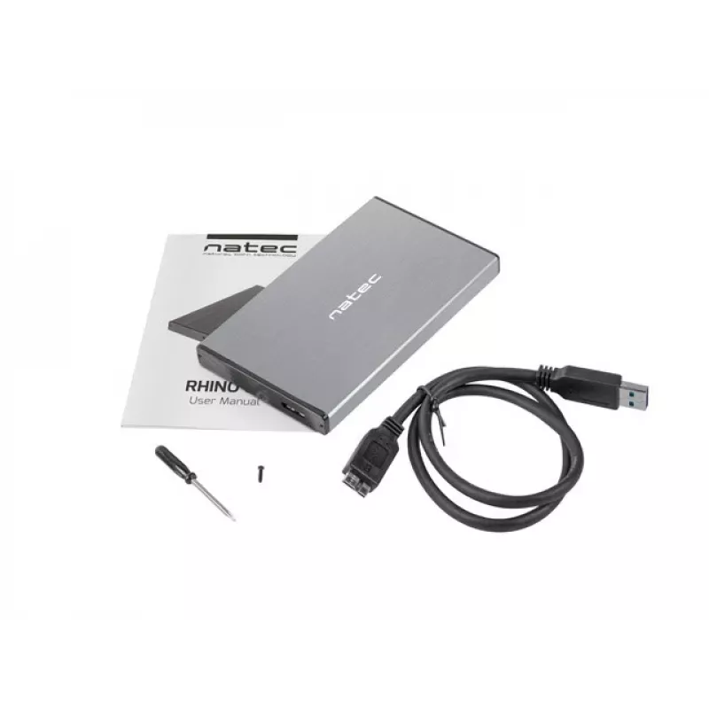 Externes HDD/SSD-Gehäuse NATEC Rhino GO — 2,5 Zoll SATA, 9,5 mm, USB 3.0, Aluminium, grau, bis zu 4 TB