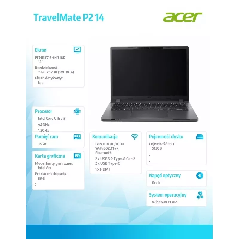 Laptop Acer TravelMate P2 TMP214-75-G3-TCO 14 Zoll WUXGA IPS, Intel Core i5-125H, 16GB RAM, 512GB SSD, Fingerprint, SmartCard, Windows 11 Pro, 3y Vor-Ort NBD