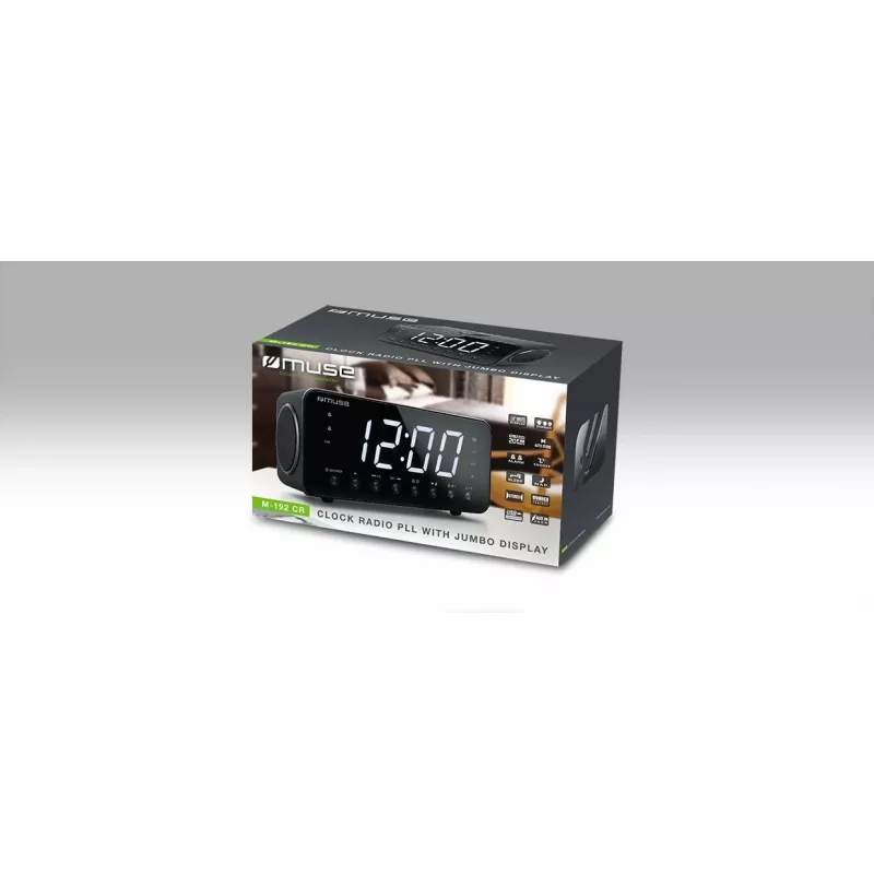 Weckerradio Muse M-192 CR — Digitaluhr, FM-Tuner, 1,8-Zoll-LED-Anzeige, schwarzes Holz, AC 100–240V, AAA-Backup