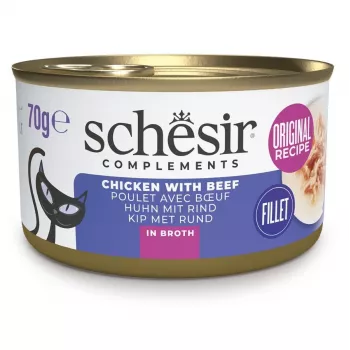 Schesir Adult Katzennassfutter mit Huhn, Rind und Reis in Brühe, 70 g