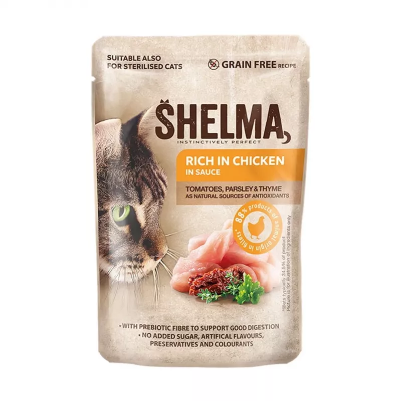 Nassfutter für Katzen SHELMA Multipack 4×85 g – Alleinfuttermittel für ausgewachsene Katzen, Huhn, Pute, Rind, Ente, getreidefrei