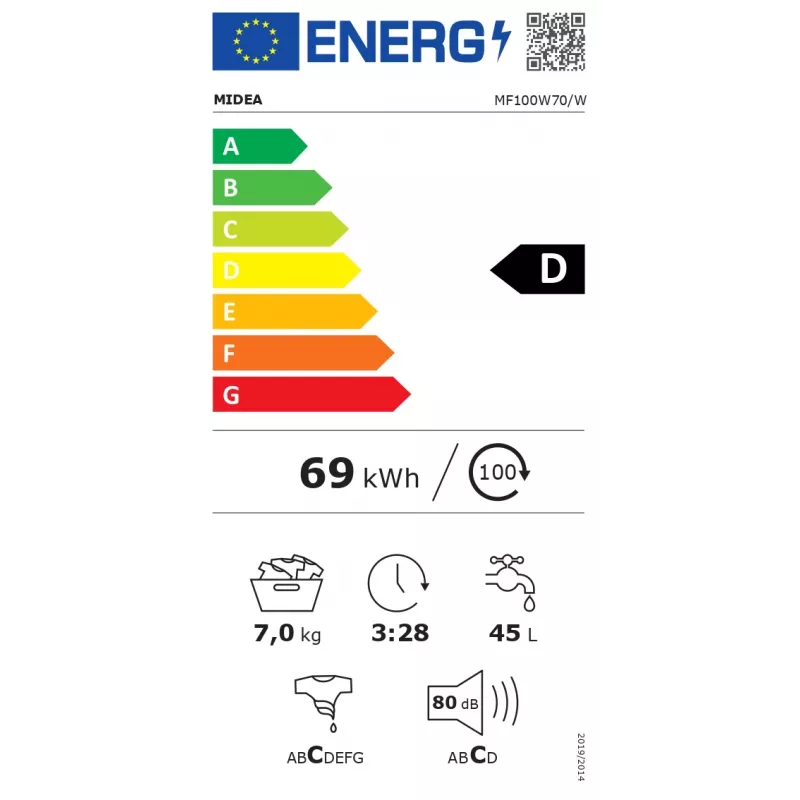 Frontlader-Waschmaschine Midea MF100W70/W — 7 kg, 1200 U/min, Energieeffizienzklasse D, 60 cm Breite