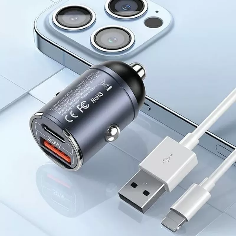 Auto-Ladegerät usams C38 30W — 1x USB-A + 1x USB-C Schnellladung