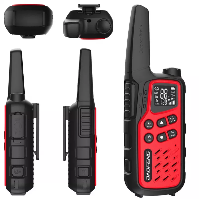 Tragbares Walkie-Talkie Baofeng BF-T25E — 16 Kanäle, 0,5 W, Li-Ion 1400 mAh, 2er-Set (rot)