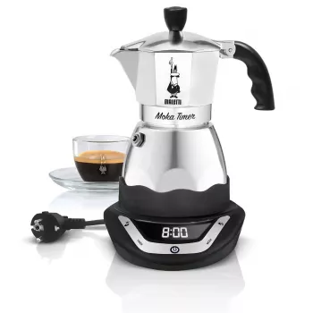 Elektrischer Mokkakocher BIALETTI 3 Tassen Moka Timer, programmierbares LED-Display, Aluminiumgehäuse, Kannenreservoir