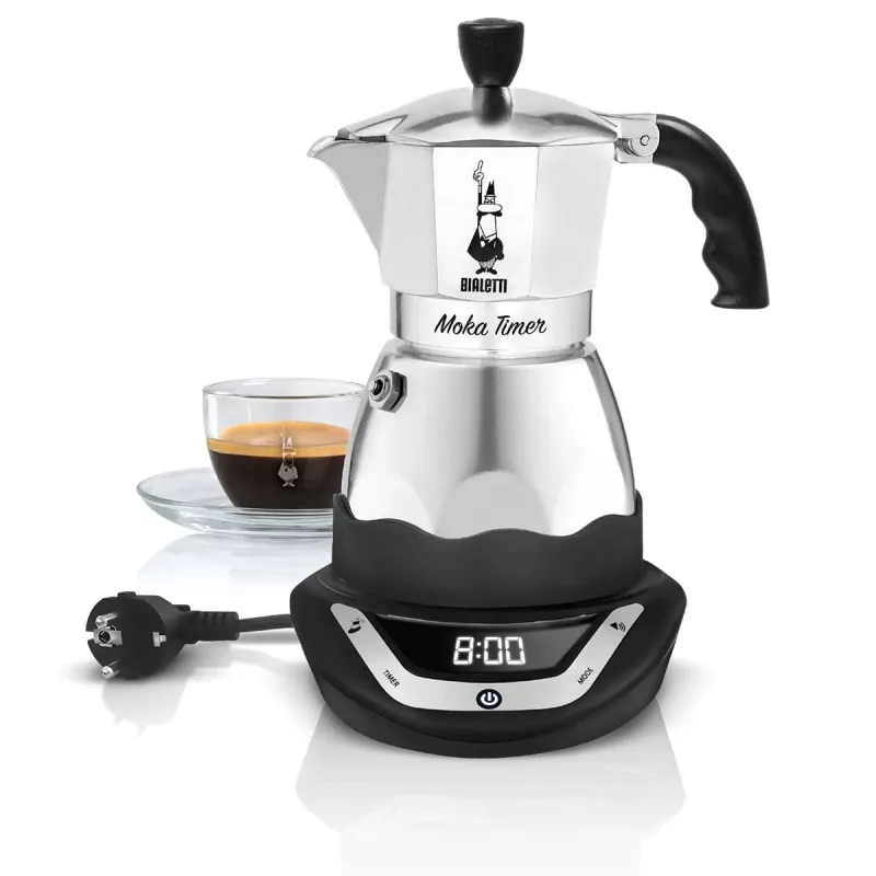 Elektrischer Mokkakocher BIALETTI 3 Tassen Moka Timer, programmierbares LED-Display, Aluminiumgehäuse, Kannenreservoir