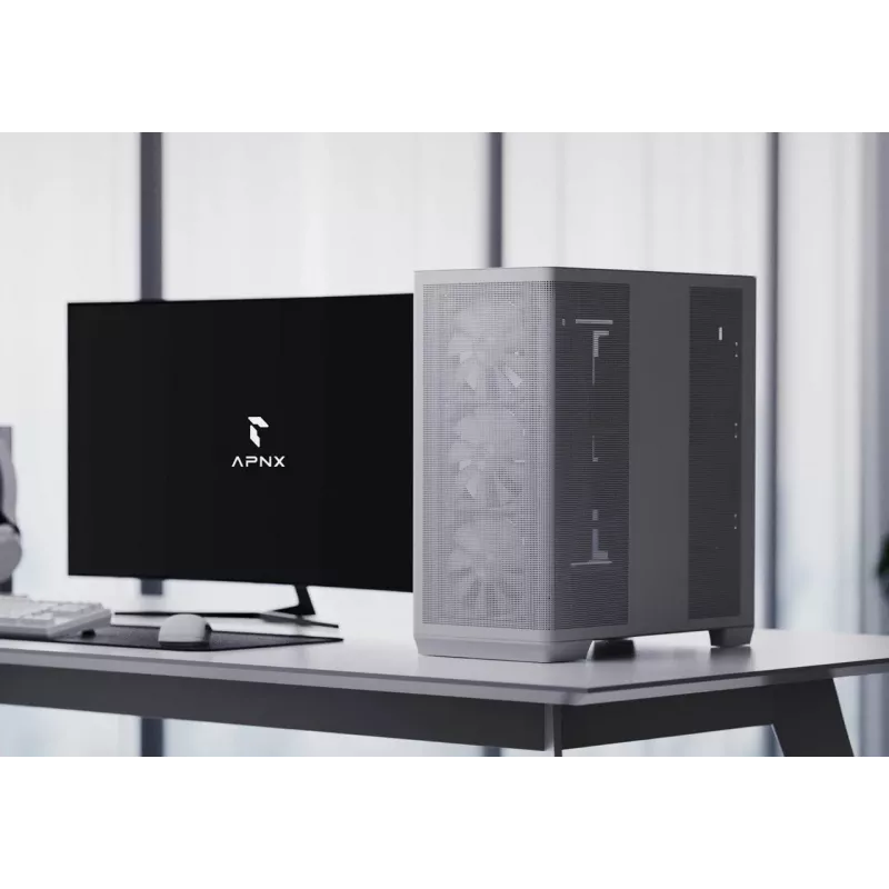 APNX PC Midi Tower C1-R-WT-v1 — Weiß, unterstützt ATX/Micro-ATX/Mini-ITX, 3x 120 mm Frontlüfter vorinstalliert, 3x 3,5-Zoll + 3x 2,5-Zoll Schächte, USB 3.2 Gen1 x2