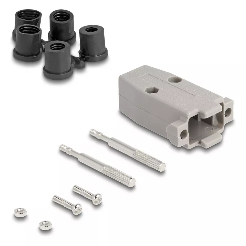 Kabeltülle DELOCK D-Sub Kunststoffgehäuse für 9-polig Stecker/Buchse mit Gummidichtungen, grau, 31,2 × 47,9 × 16,6 mm