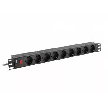 Stromverteilereinheit LANBERG PDU-09F-0300-BK — 9x Typ-F-Steckdosen, 3 m Kabel, Aluminiumgehäuse, 10 A
