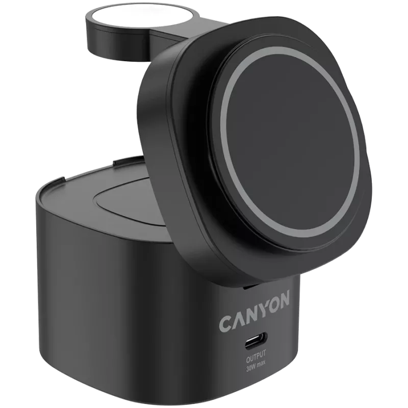 Canyon 4-in-1 Wireless Charging Stand, 30W max, Größe: 70x70x70,3 mm, Gewicht: 414 g, mit 65W Ladegerät und 1 m Kabel, schwarz