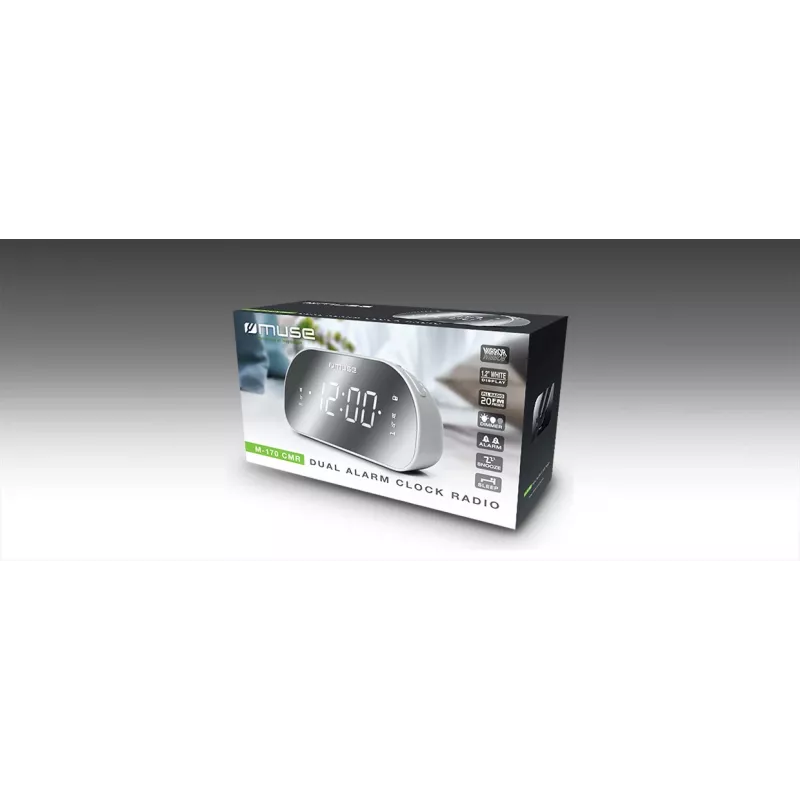 Uhrenradio Muse M-170CMR — digitales Uhrenradio, 1,2 Zoll LED-Anzeige, FM, AC 230V, AAA-Backup, Spiegel/Weiß