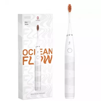 Schallzahnbürste OCLEAN FLOW Erwachsene — batteriebetrieben, Aufhellungsmodus, integrierter Timer, einstellbare Geschwindigkeit, 255 mm Höhe, weiß, 0,13 kg, 1 Handstück + 1 Bürstenkopf