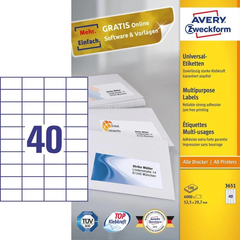 Avery Zweckform 3651 Universaletiketten 52,5 x 29,7 mm 100 Blatt Weiß