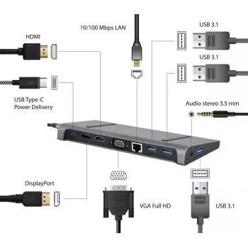 Laptop-Dock Gembird A-CM-COMBO9-02 USB 3.2 Gen 1 Type-C, HDMI, VGA, 3×USB-A, Gigabit Ethernet, 87W PD, Grau
