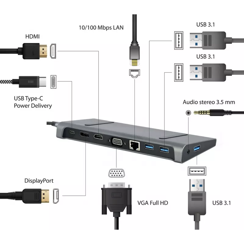 Laptop-Dock Gembird A-CM-COMBO9-02 USB 3.2 Gen 1 Type-C, HDMI, VGA, 3×USB-A, Gigabit Ethernet, 87W PD, Grau