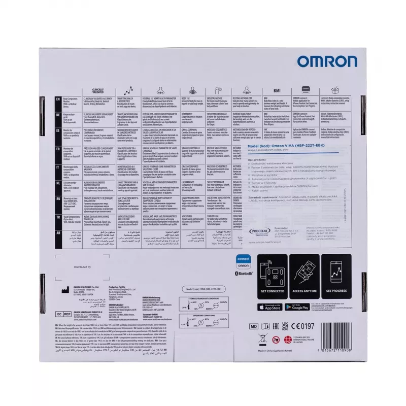 Elektronische Personenwaage Omron VIVA – quadratisch, schwarz, max. 150 kg, 100 g Genauigkeit, Körperfett/BMI/BMR, 30-Benutzer-Speicher