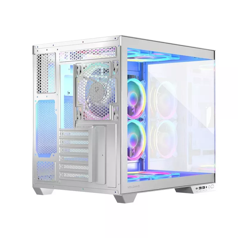 PC-Gehäuse MODECOM Volcano Panorama Midi Tower weiß — micro ATX, gehärtetes Glas, ARGB, USB-C, unterstützt GPU 400 mm