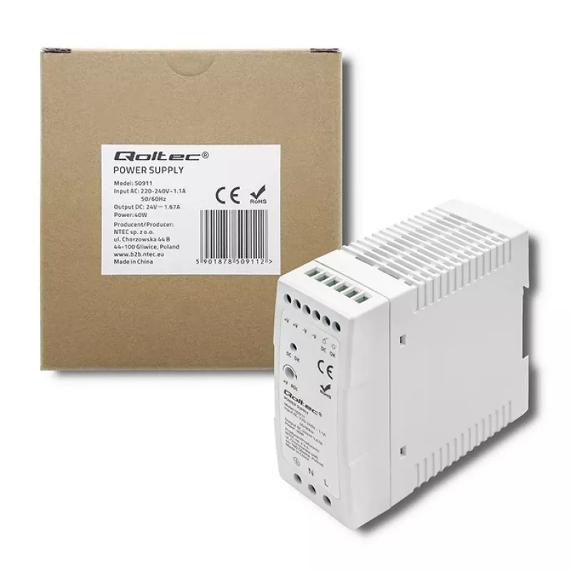 Qoltec Din Rail Netzteil | 40W | 24V | 1.67A | Weiß | schlank