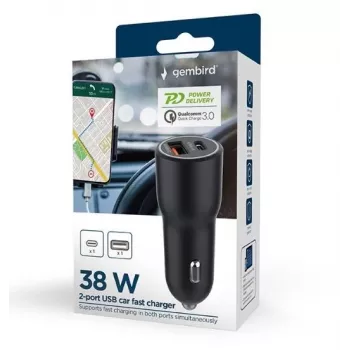 Auto-Ladegerät für Mobilgeräte Gembird TA-UC-AC2PDQC38-CAR-01, USB-C, 38 W, 12–24 V, schwarz