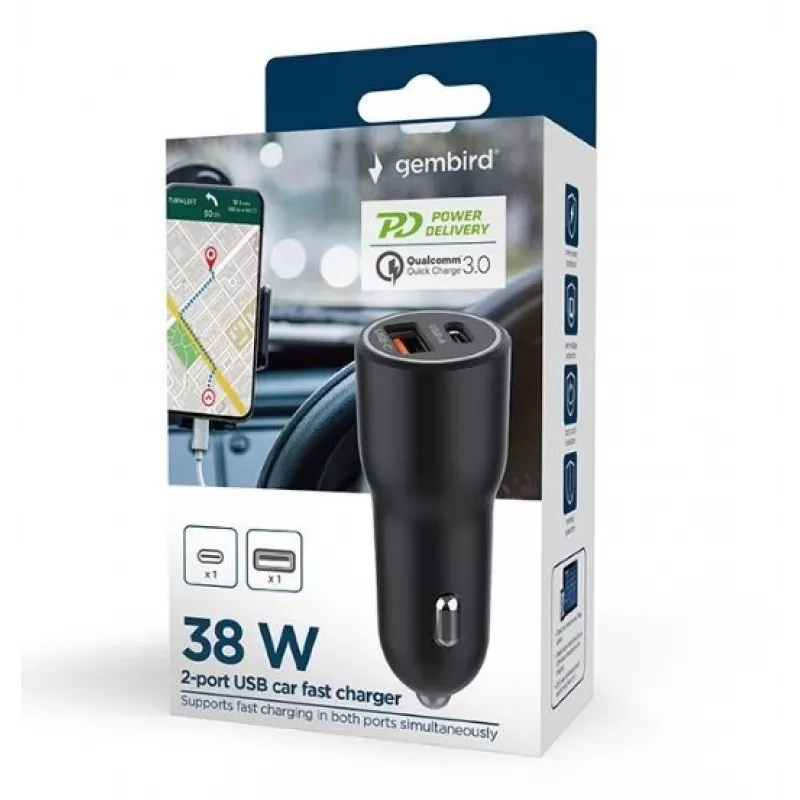 Auto-Ladegerät für Mobilgeräte Gembird TA-UC-AC2PDQC38-CAR-01, USB-C, 38 W, 12–24 V, schwarz