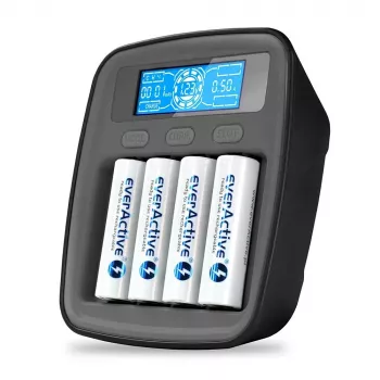 Batterieladegerät everActive NC1000MV2 – Ni-MH 4-Schacht USB-C Ladegerät, 4 Zellen, 5V, schwarz, 110×99×38 mm