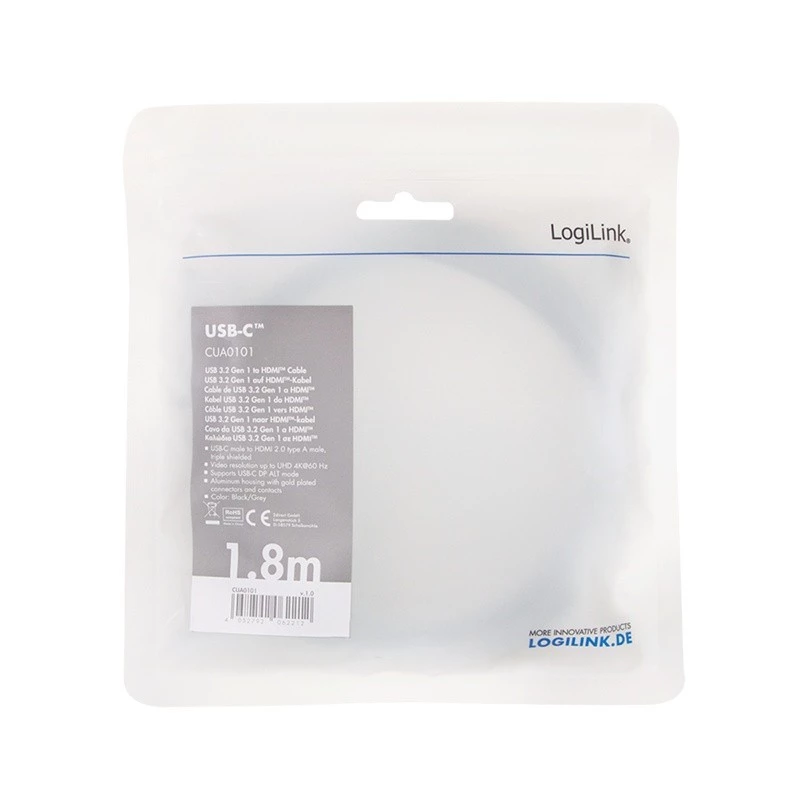 LogiLink CUA0101 USB 3.2 Gen1 Typ-C auf HDMI-A Kabel 1,8 m Schwarz Grau