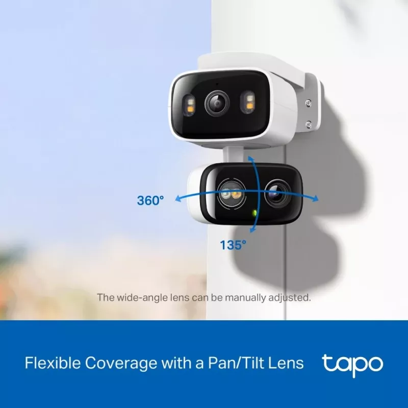 IP-Sicherheitskamera TP‑LINK Tapo C246D — 3MP (2304×1296), 2,8 mm, 107,8° Sichtfeld, PTZ-Dualobjektiv, IP65, Wi‑Fi/Gigabit, microSD bis 512 GB