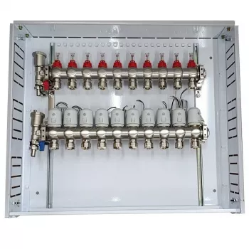 Fußbodenheizungsverteiler, 10 Kreise, mit NC AC230V Thermostellantrieben und Durchflussmessern