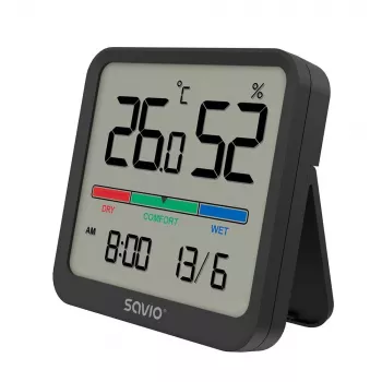 Innenraum-Temperatur- und Feuchtigkeitssensor SAVIO CT-01/B freistehend, LCD, -10–55 °C, 10–99 % rF, CR2032