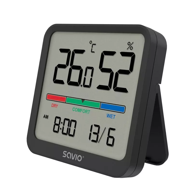 Innenraum-Temperatur- und Feuchtigkeitssensor SAVIO CT-01/B freistehend, LCD, -10–55 °C, 10–99 % rF, CR2032
