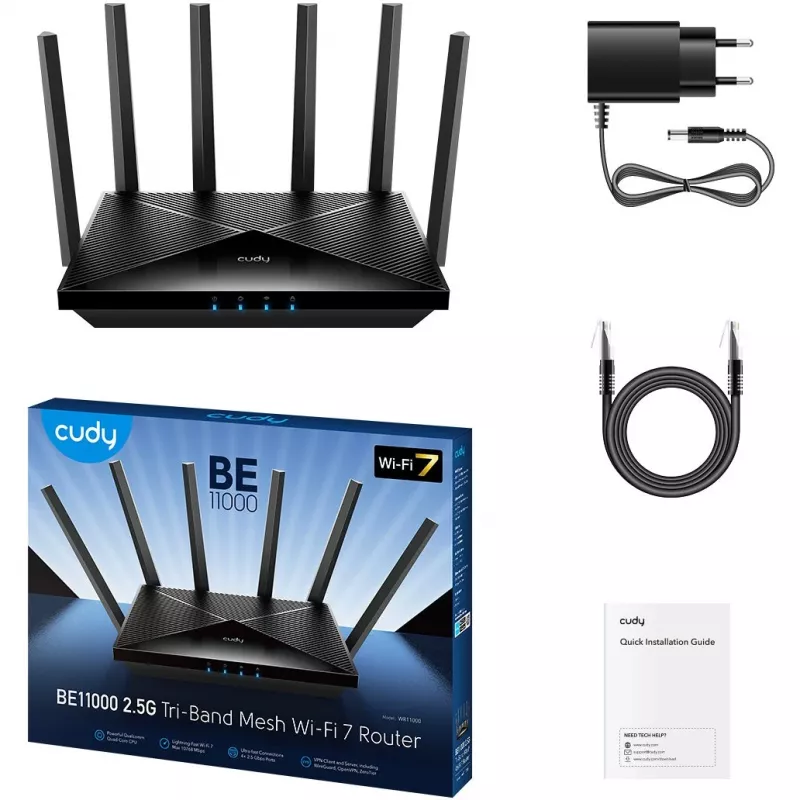 Tisch-Router Cudy WR11000 — Tri‑Band 2,4/5/6 GHz, Wi‑Fi 7, 4× 2,5 Gigabit LAN, 5765 Mbit/s pro 6‑GHz‑Band, 512 MB RAM