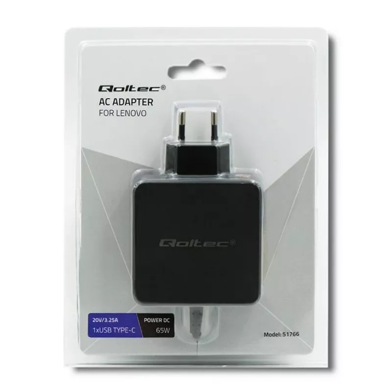 Netzteil QOLTEC 51766 65W AC/DC 20V 3,25A für IBM/Lenovo, schwarz, 1,75 m Kabel